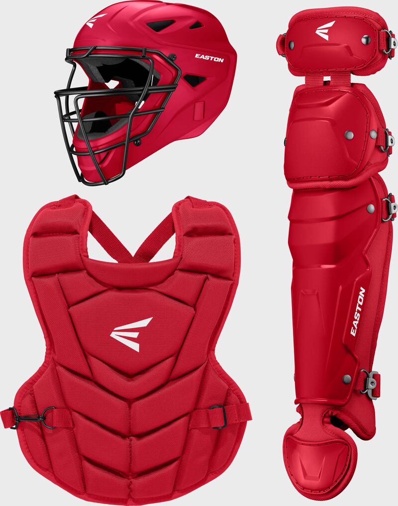 A red Easton Black Magic 3.0 youth Catcher's set with a helmet, chest protector, and leg guard