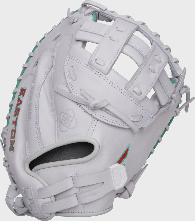 Back of a white Jen Schro "The Rudi" Signature Series catcher's mitt