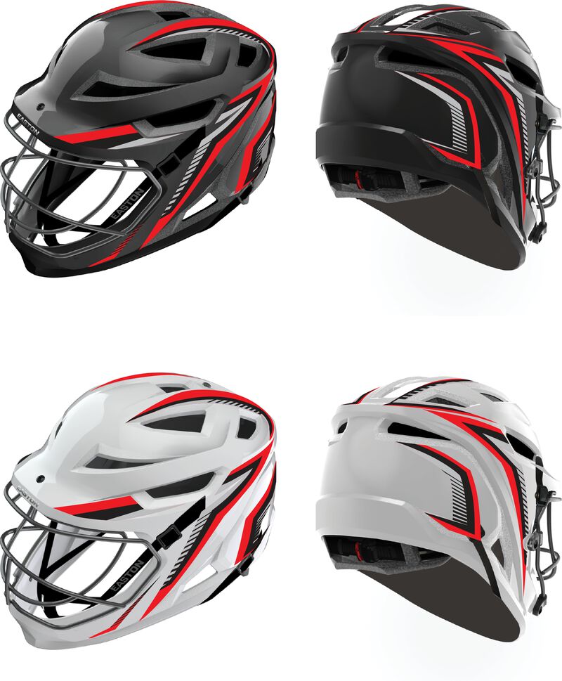 Image showing a both sides of both the black and white Hellcat fielding helmet with red decals - SKU: EHCATD