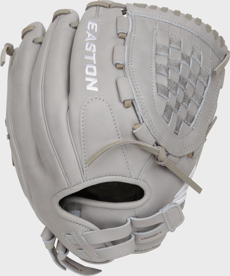 Back of a grey Professional Collection Color Splash 12.5” basket web fastpitch glove