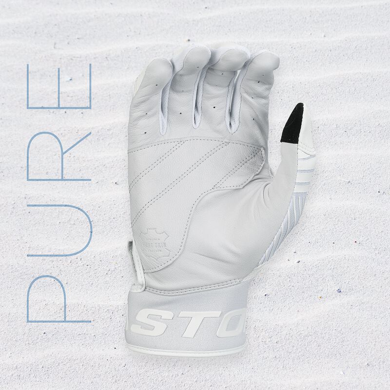 Palm of a white Easton Walk-Off Ethos Pure batting glove with a "Pure" background
