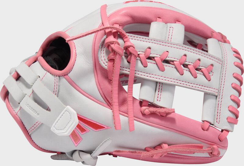 Thumb of a white/pink Easton Professional Collection 11.75" fastpitch softball glove with a laced single post web
