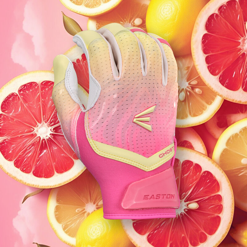 Back of a pink/white/yellow Easton Pink Lemonade Ghost Ethos fastpitch batting glove with a pink lemonade theme background