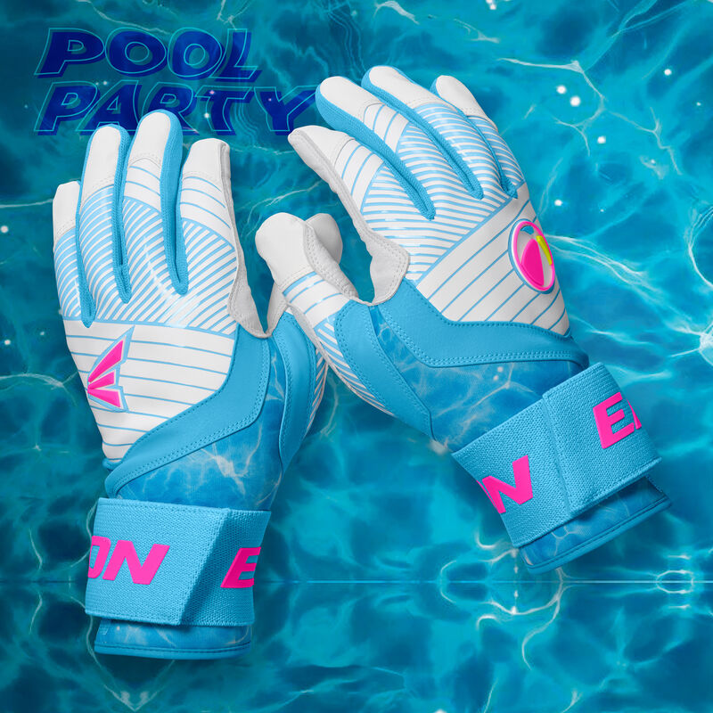 A pair Eason Walk-Off Ethos Locked-In Pool Party batting gloves with a matching design background loading=