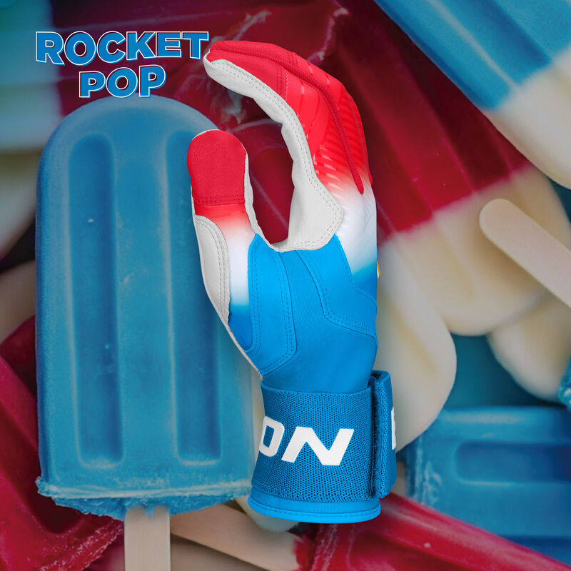 Thumb of an Eason Walk-Off Ethos Locked-In Rocket Pop batting glove with a matching design background