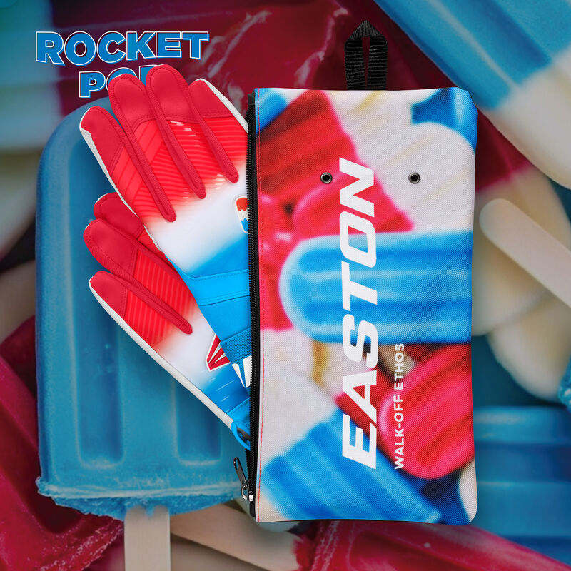 A pair of Eason Walk-Off Ethos Locked-In Rocket Pop batting gloves in the glove bag with a matching design background