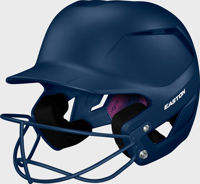 Front left of a navy Easton Z50 fastpitch batting helmet with the Screamin' E logo removed from the forehead