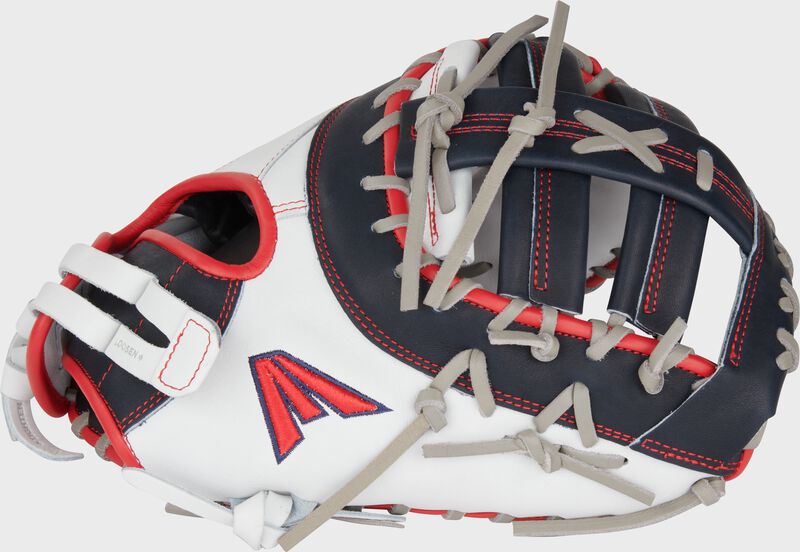 Thumb of a red/white/navy Professional Collection Color Splash 13” fastpitch 1st base mitt with a navy single post, double bar web