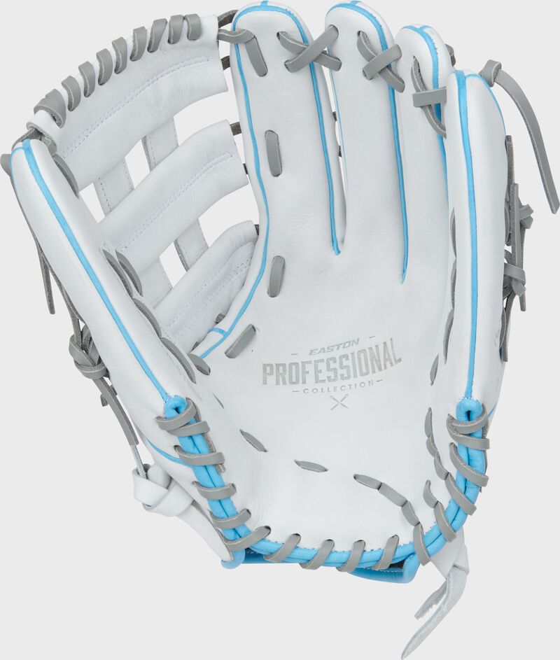 Palm of a white/columbia blue/pink Easton Professional Collection 13" fastpitch softball glove with gray laces loading=