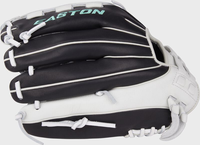 Back of a black/white Easton Fundamental Fastpitch 12.5-Inch fastpitch softball glove