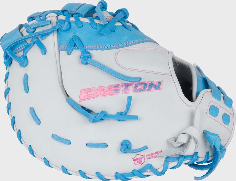 White back of a white/Columbia blue Easton Professional Collection 13" fastpitch 1st base mitt loading=