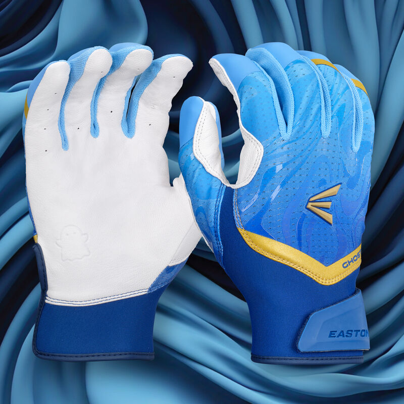 A pair of "Out of the Blue" Easton Ghost Ethos fastpitch batting gloves with a blue themed background loading=