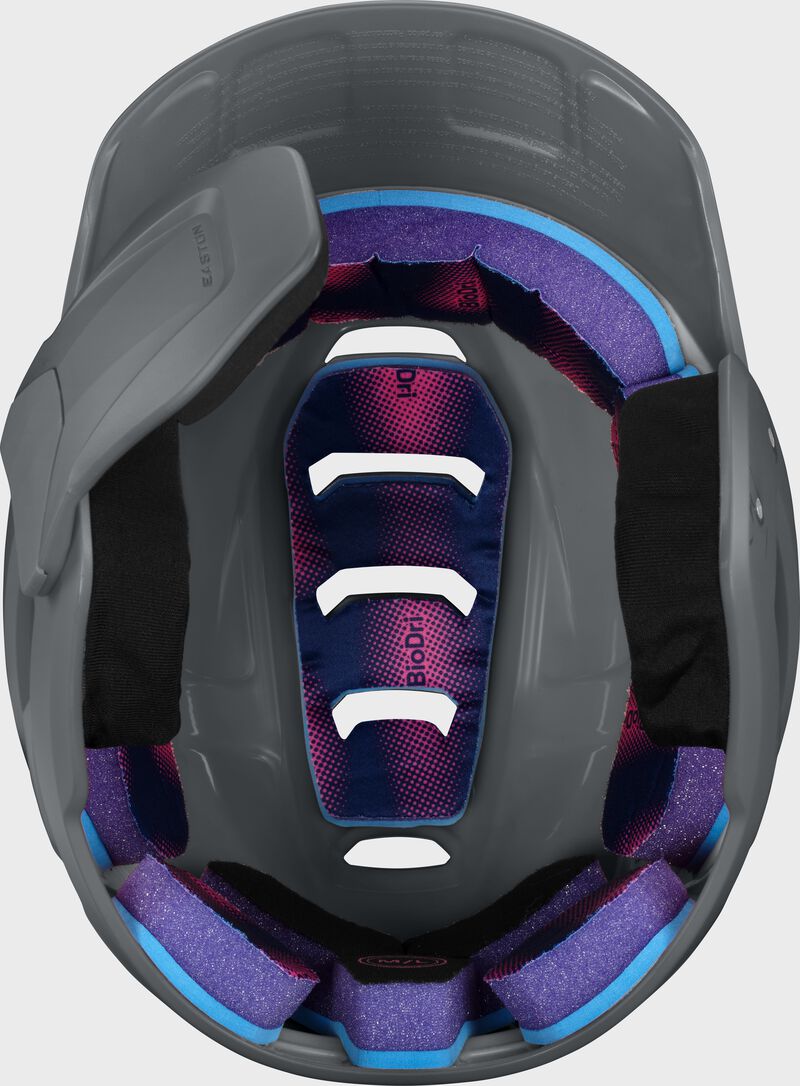 Inside padding of a charcoal Easton Z50 batting helmet with mult-adjust jaw guard