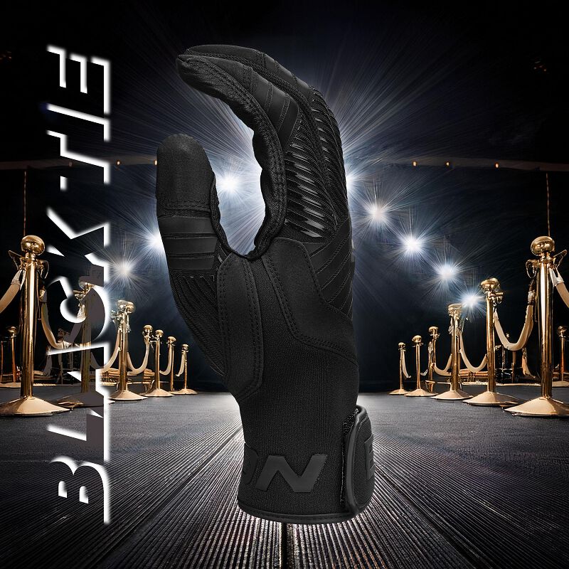 Thumb of a black Easton Walk-Off Ethos Black Tie batting glove with a "Black Tie" background