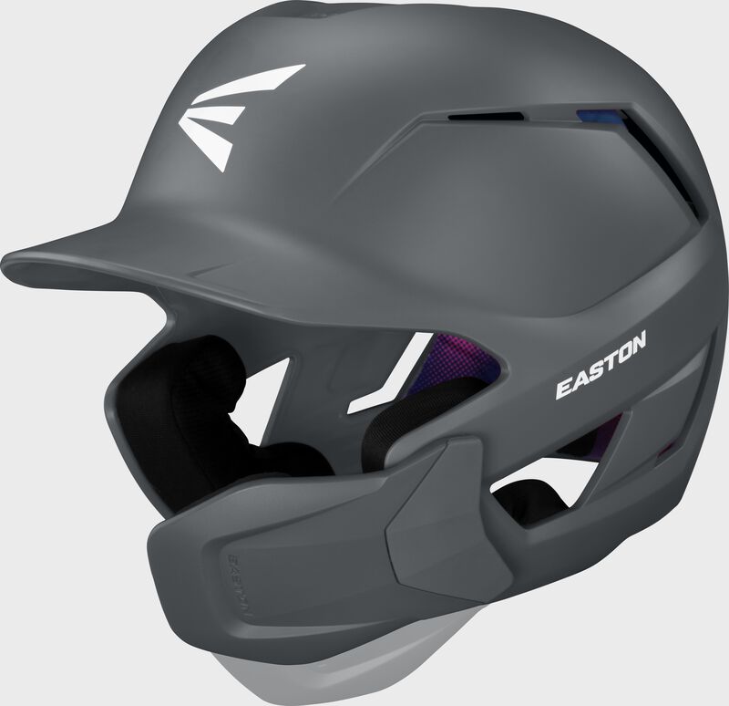Front left of a charcoal Easton Z50 batting helmet with mult-adjust jaw guard showing the jaw guard adjustability