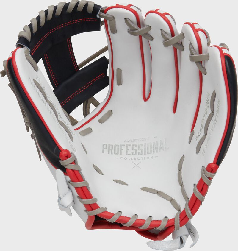 White palm of an Easton Professional Collection Color Splash glove with grey laces