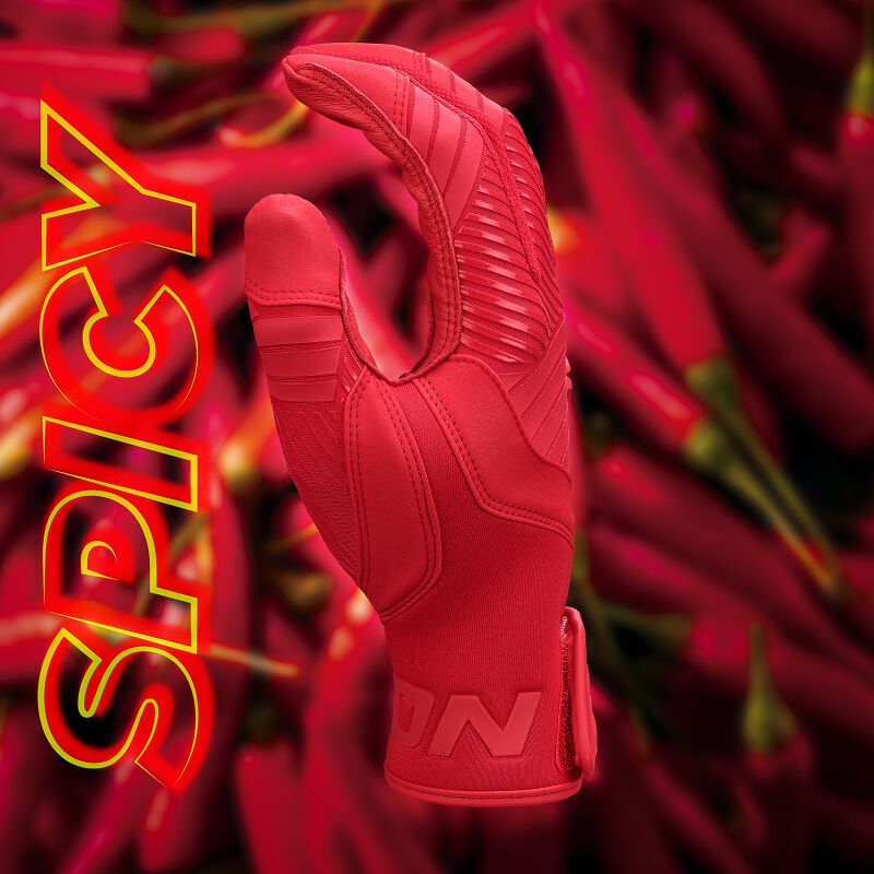 Thumb of a red Easton Walk-Off Ethos Spicy batting glove with a "Spicy" background