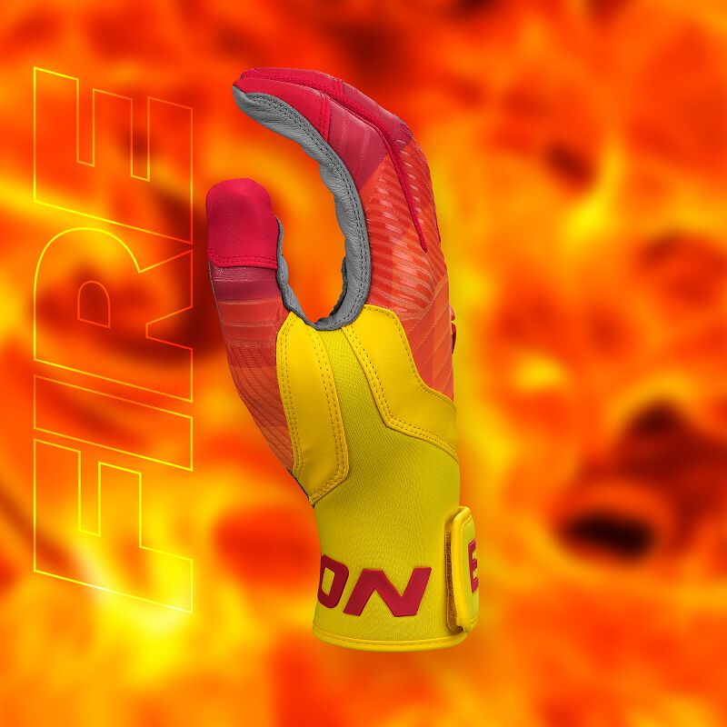 Thumb of a Walk-Off Ethos Fire batting glove with a "fire" background