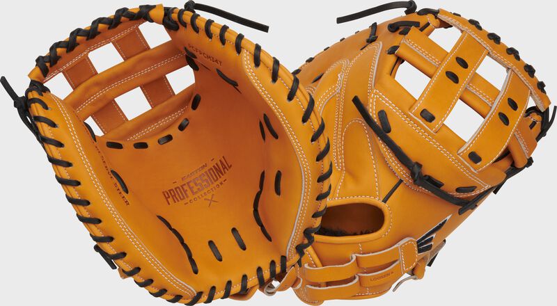 2 images showing the back & palm of a tan 34” Easton Professional Collection Color Splash catcher’s mitt