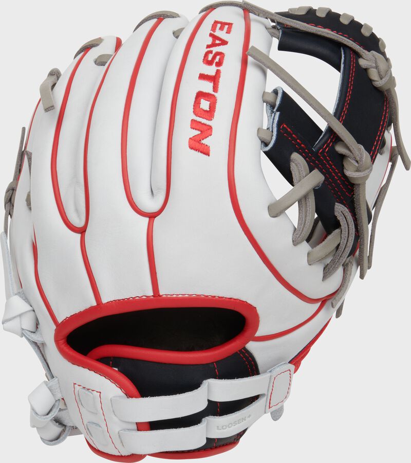 Back of a red/white/navy Professional Collection Color Splash 11.75" infield glove