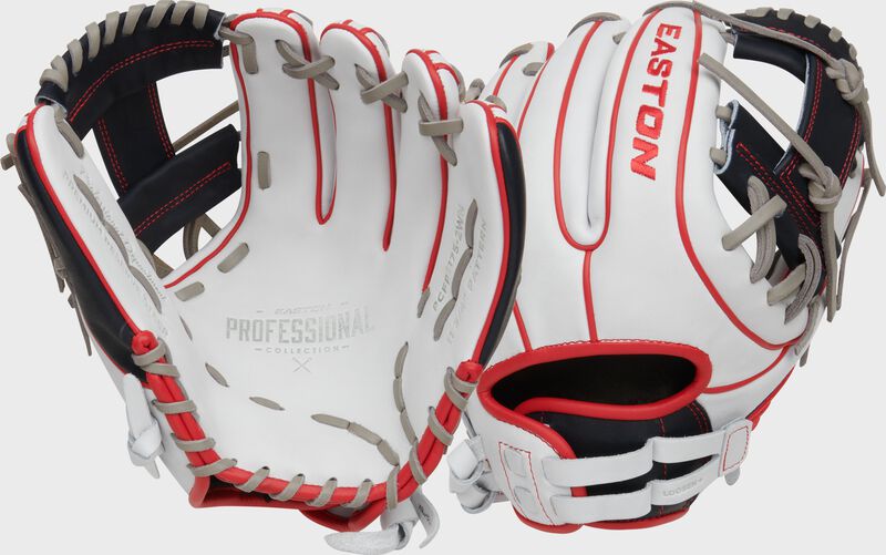 2 images showing the palm & back of a white/red/navy Professional Collection Color Splash infield glove