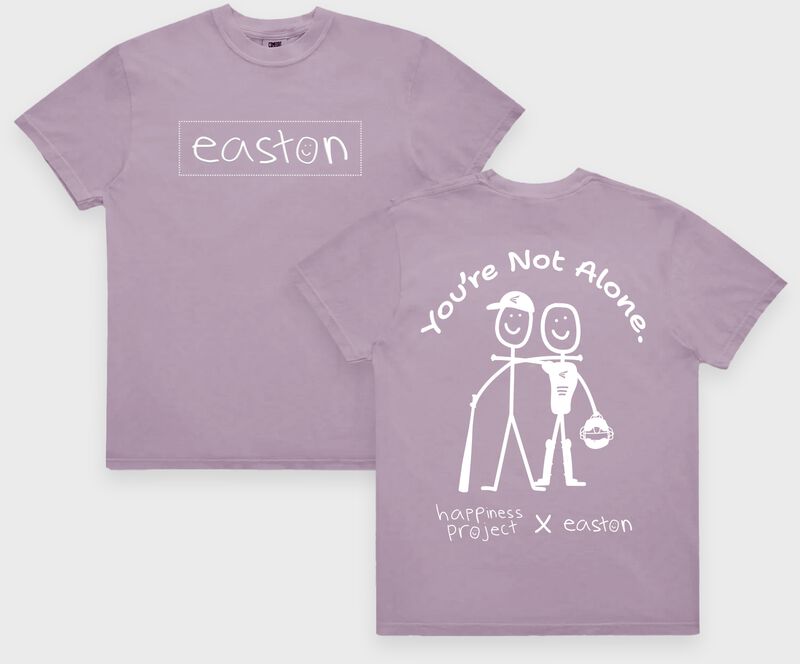 Two images showing the front and back of a plum Easton Happiness Project "You're Not Alone" Tee
