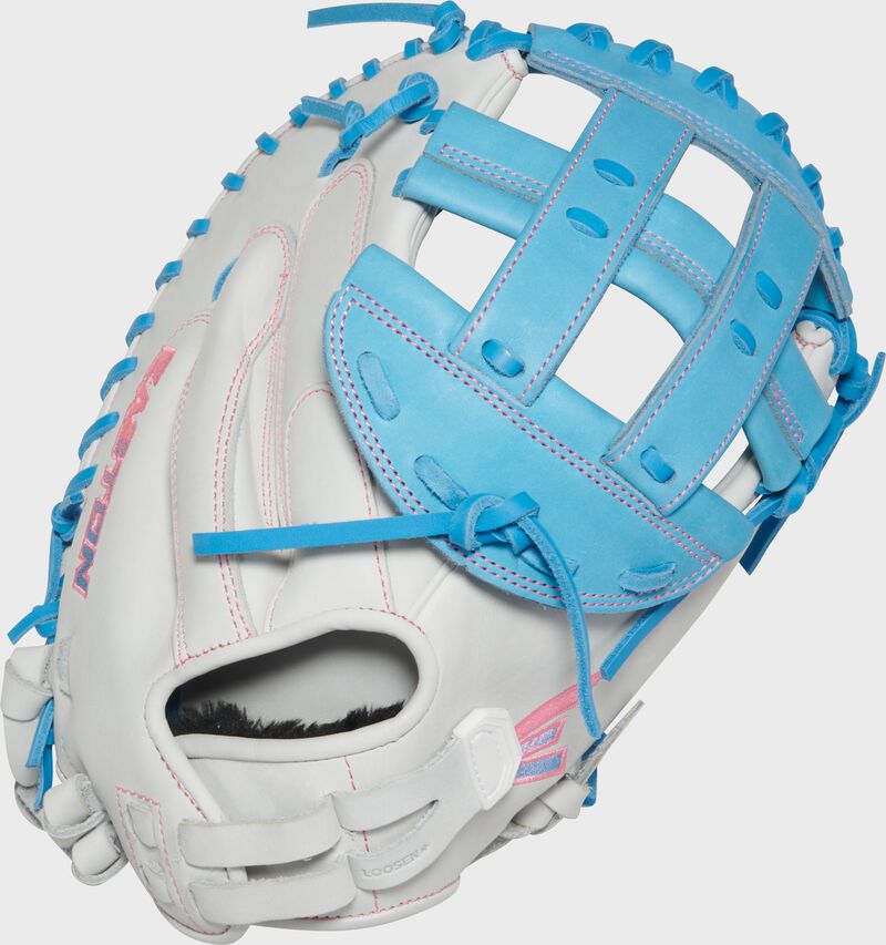Back of a white/Columbia blue Easton Professional Collection 34" fastpitch catcher's mitt