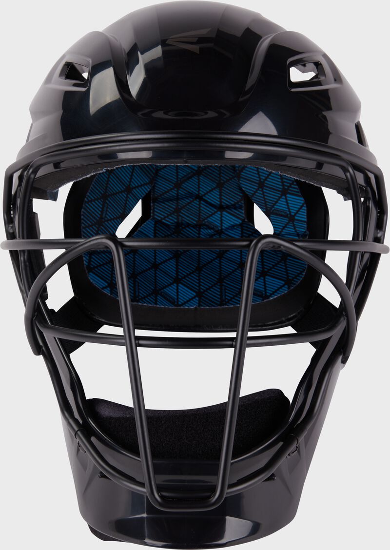 Front of a black Gametime catcher's helmet