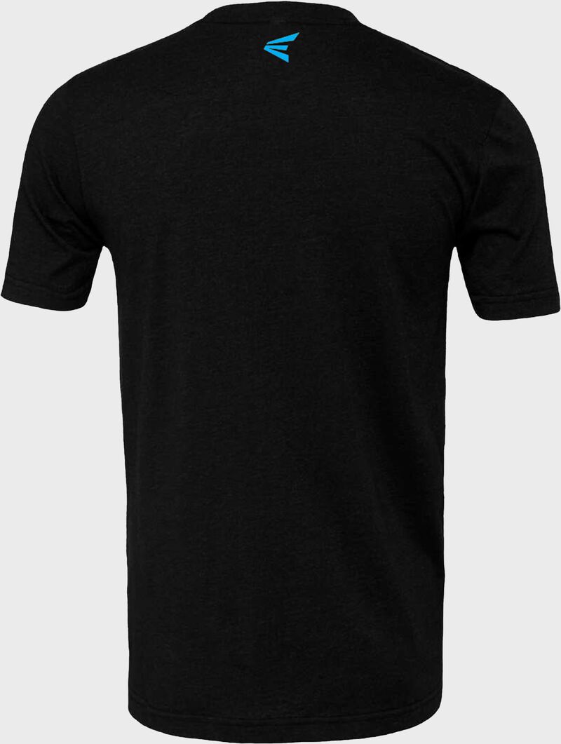 Back of a black Easton logo t-shirt with a blue "E" logo below the collar