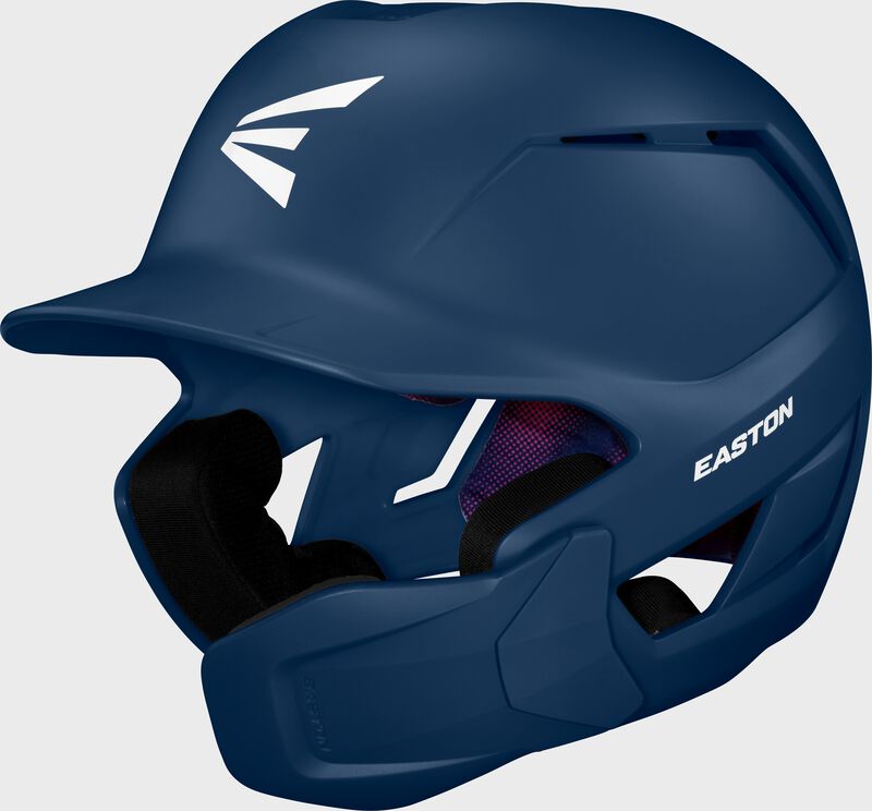 Front left of a navy Easton Z50 batting helmet with mult-adjust jaw guard