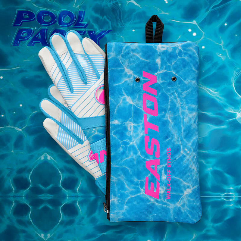 A pair of Eason Walk-Off Ethos Locked-In Pool Party batting gloves in the glove bag with a matching design background