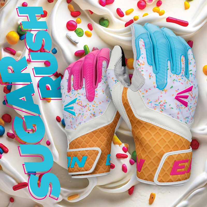 Back of a pair of Easton Walk-Off Ethos Sugar Rush batting glove with a "sugar rush" background