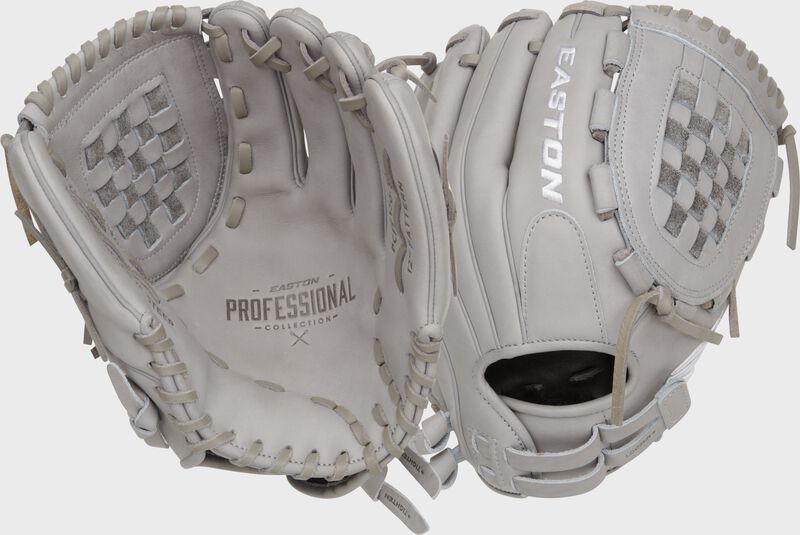 2 images showing the back & palm of a grey 12" Easton Professional Collection Color Splash utility glove
