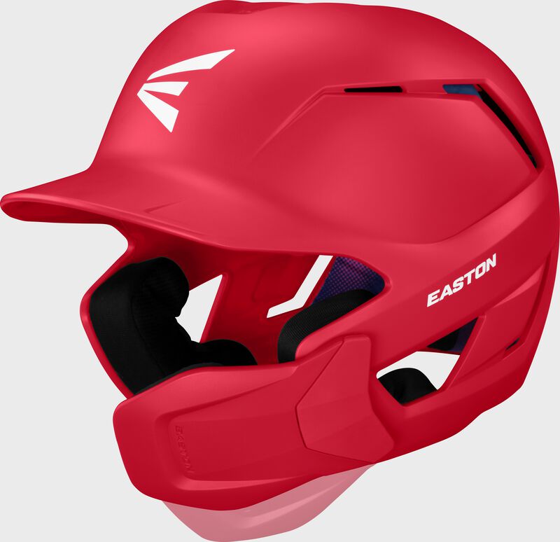 Front left of a red Easton Z50 batting helmet with mult-adjust jaw guard showing the jaw guard adjustability