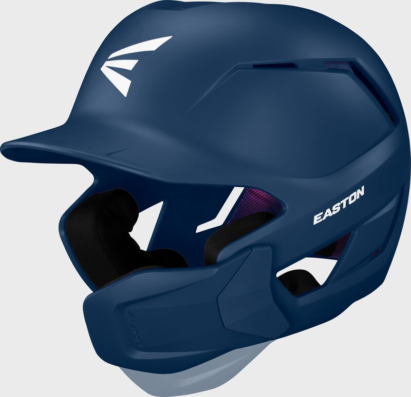 Front left of a navy Easton Z50 batting helmet with mult-adjust jaw guard showing the jaw guard adjustability