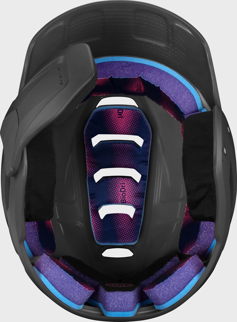 Inside padding of a black Easton Z50 batting helmet with mult-adjust jaw guard