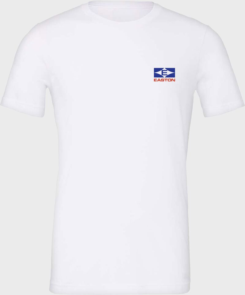 Front of a white Easton retro logo shirt with a blue retro Easton logo on the chest