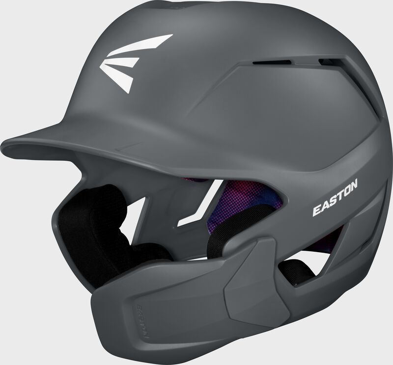 Front left of a charcoal Easton Z50 batting helmet with mult-adjust jaw guard loading=