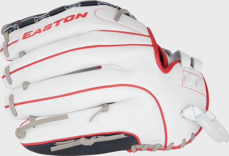 White back of an Easton Professional Collection Color Splash 12.5” fastpitch glove