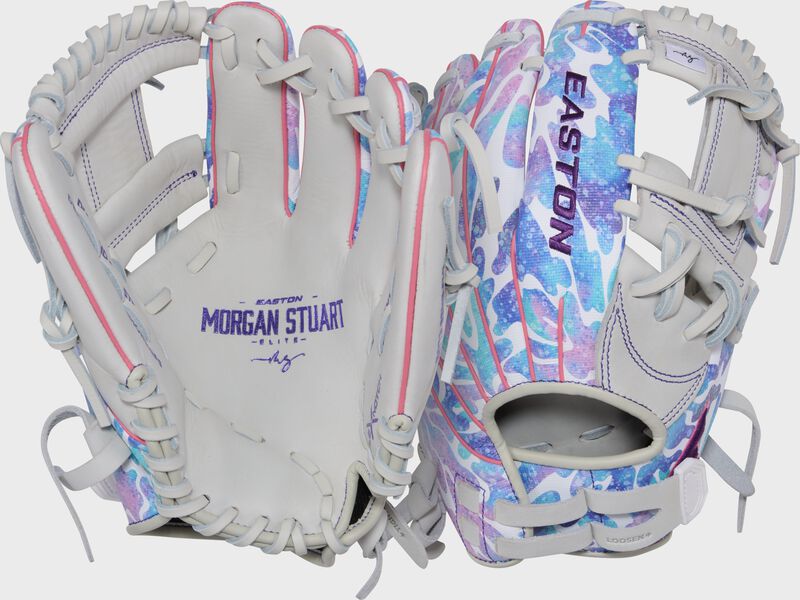Two images showing the palm & back of a white/tie dye Easton Morgan Stuart MYWHY 11.5" fastpitch softball glove loading=