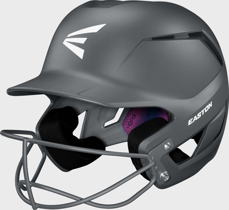 Front left of a charcoal Easton Z50 fastpitch batting helmet