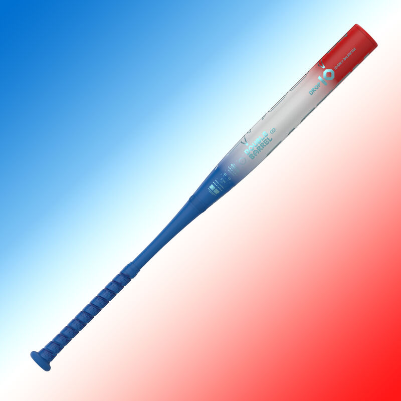 View three of an Easton Ghost OG Rocket Pop Fastpitch bat with a red, white, & blue background