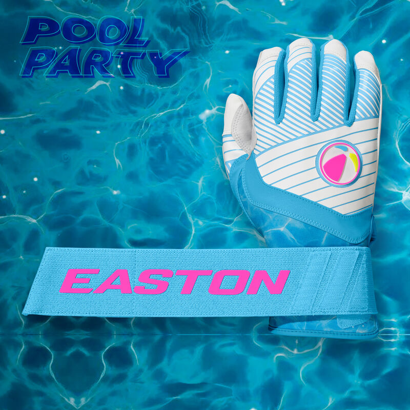 Back of an Eason Walk-Off Ethos Locked-In Pool Party batting glove with the long wrist strap extended with a matching design background loading=
