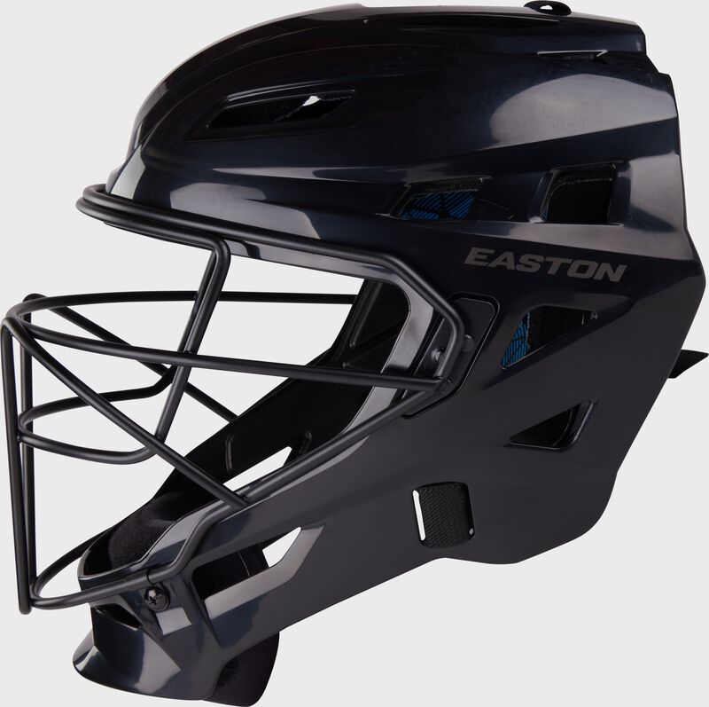 Left side of a black gametime catcher's helmet