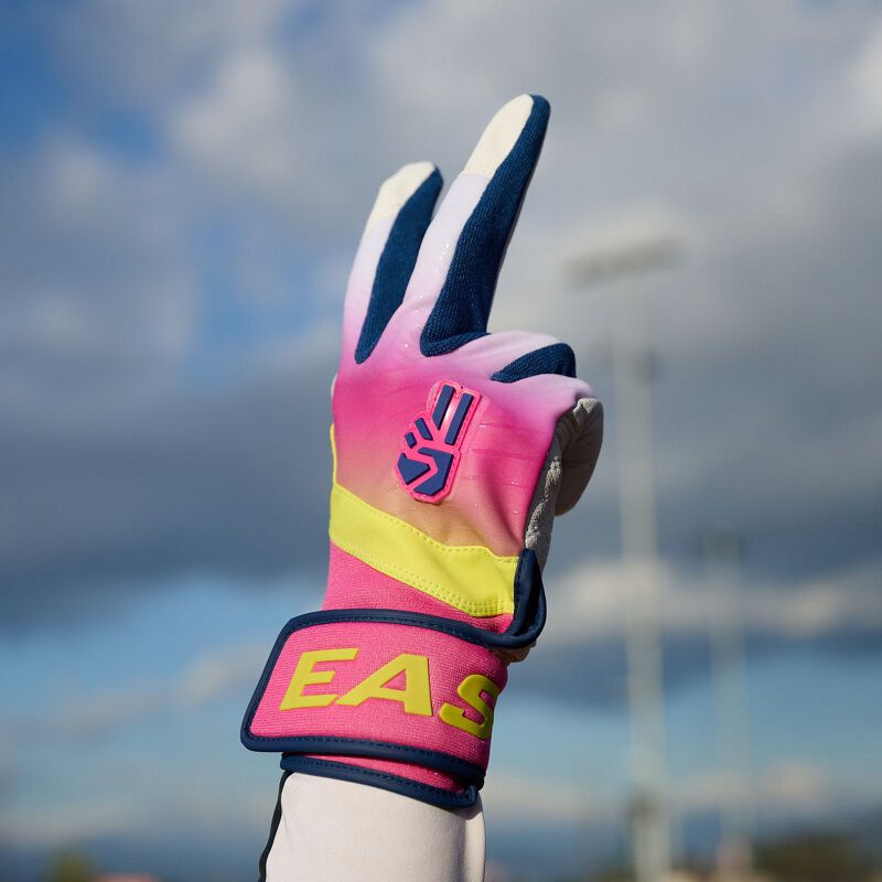A picture of a player holding up 2 fingers wearing a Walk-Off Ethos Dub batting glove