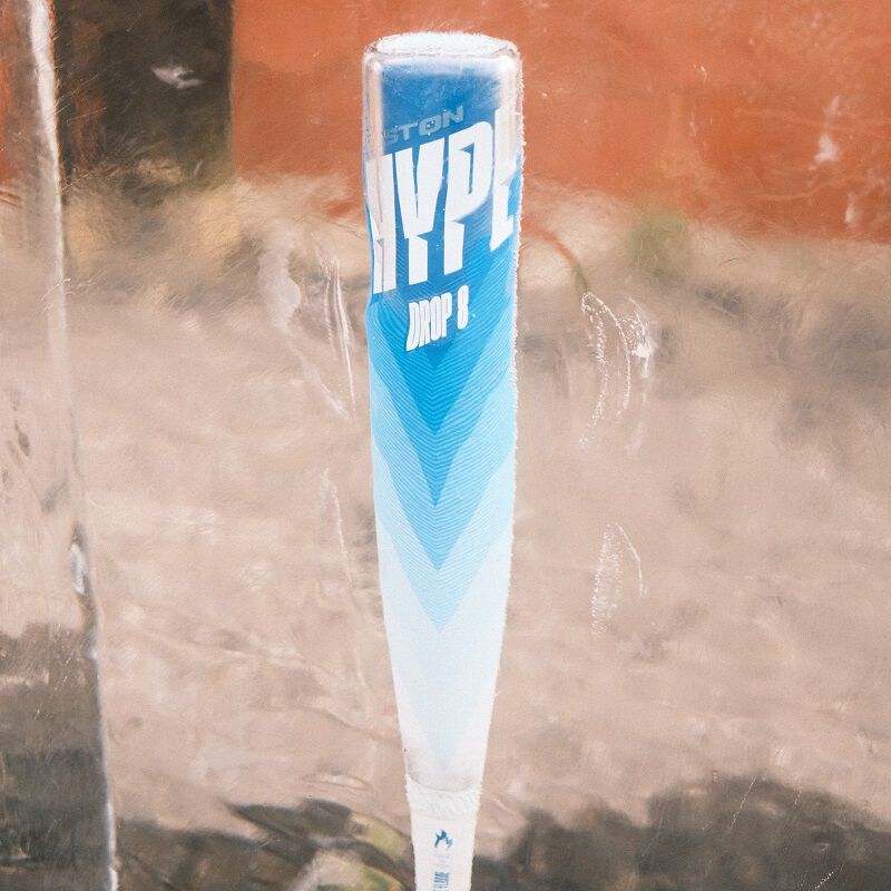A picture of the barrel of a Hype Fire Arctic Flame USSSA bat frozen in ice