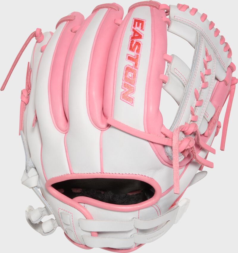 Back of a white/pink Easton Professional Collection 11.75" fastpitch softball glove loading=