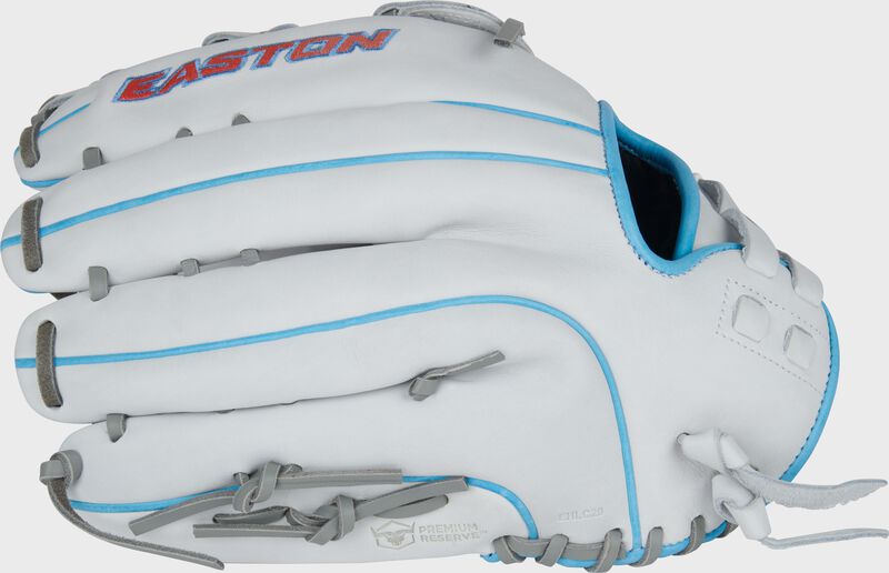 Back of a white/columbia blue/pink Easton Professional Collection 13" fastpitch softball glove loading=