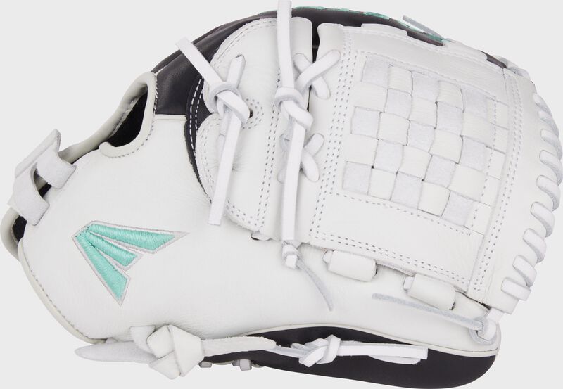 White thumb of a black/white Easton Fundamental Fastpitch 12-Inch fastpitch softball glove with a white Basket web loading=