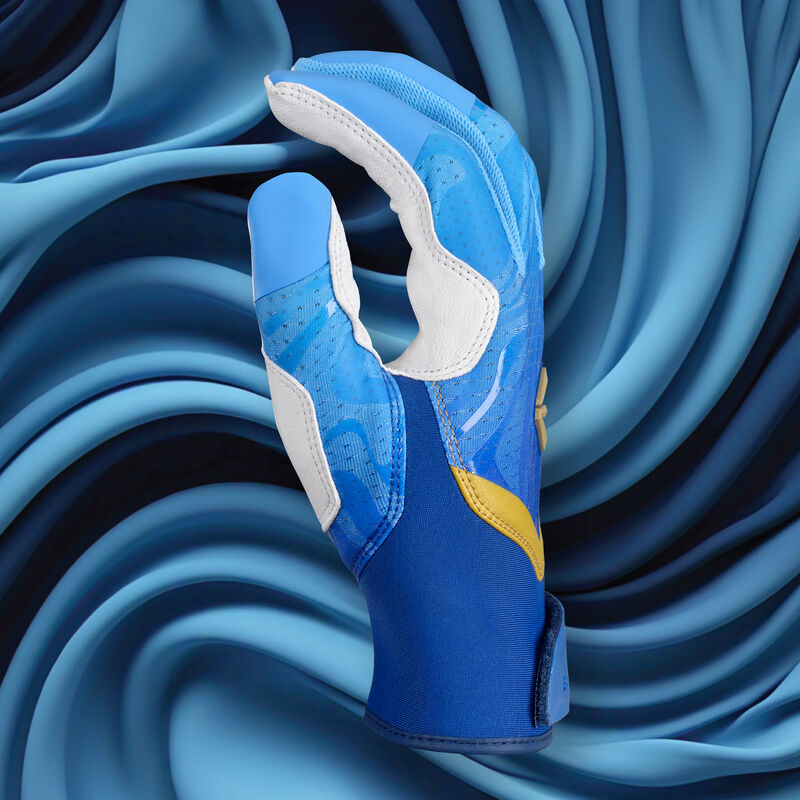Thumb of an "Out of the Blue" Easton Ghost Ethos fastpitch batting glove with a blue themed background